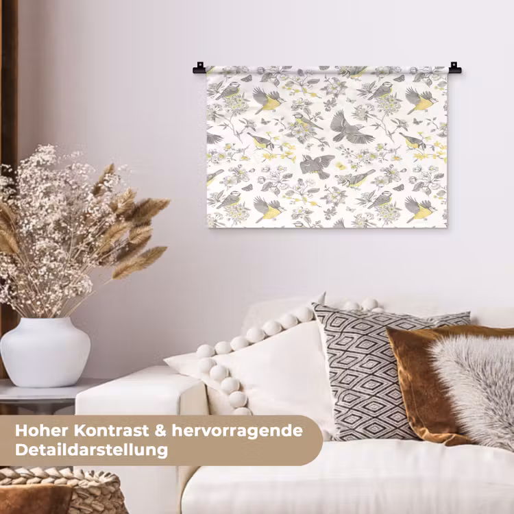 Birds - Flowers - Gray - Yellow Wandkleed katoen klein 269 -tsfeer1_DE