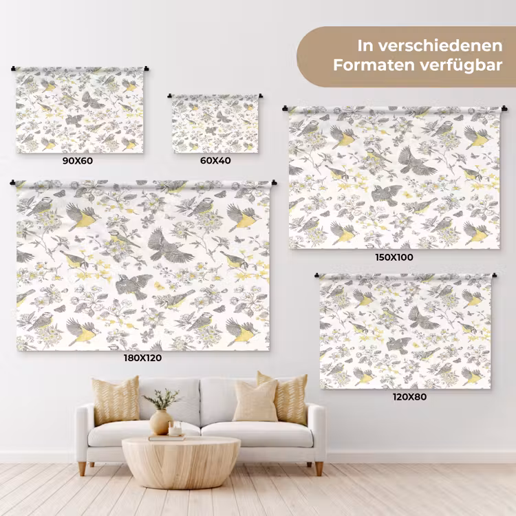 Birds - Flowers - Gray - Yellow Wandkleed katoen klein 269 -tsfeer8_DE