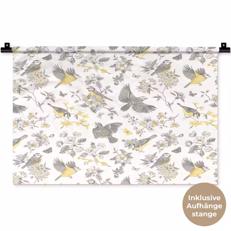 Birds - Flowers - Gray - Yellow Wandkleed katoen klein 269 -t3d_DE