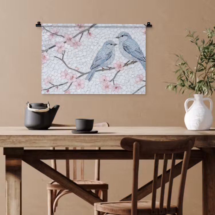 Vogel - Bloemen - Natuur - Mozaïek - Roze Wandkleed katoen klein -sfeer6