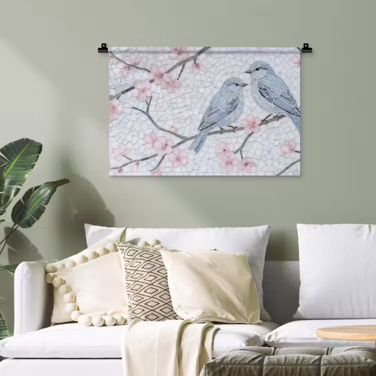 Vogel - Bloemen - Natuur - Mozaïek - Roze Wandkleed katoen klein -sfeer7