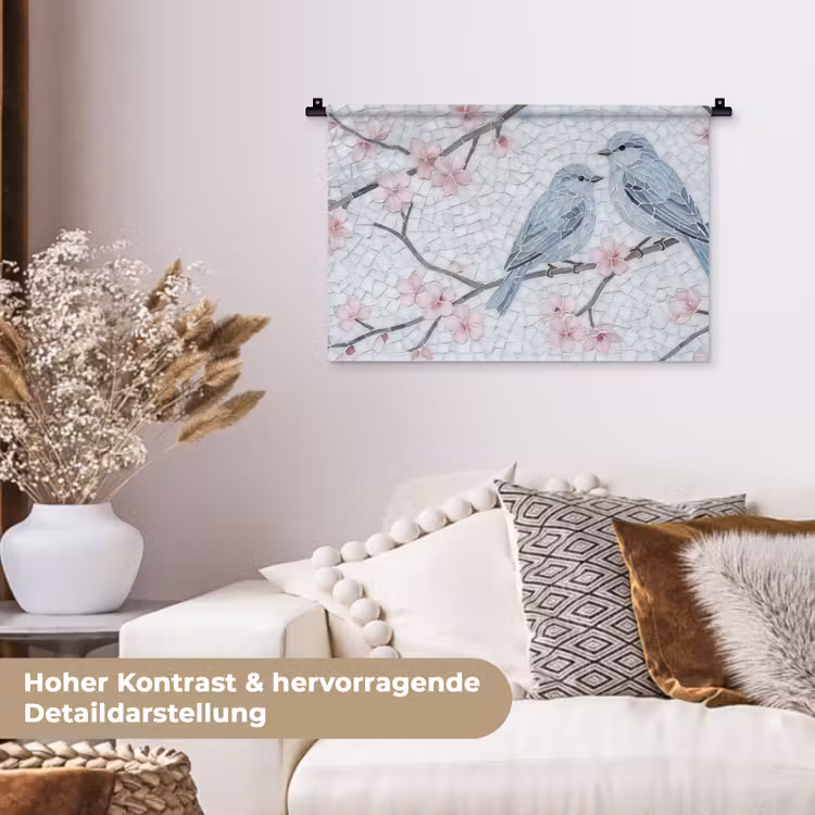 Vogel - Bloemen - Natuur - Mozaïek - Roze Wandkleed katoen klein -tsfeer1_DE