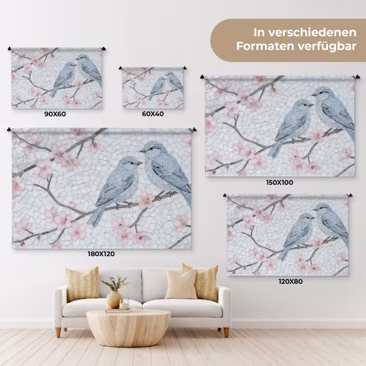 Vogel - Bloemen - Natuur - Mozaïek - Roze Wandkleed katoen klein -tsfeer8_DE