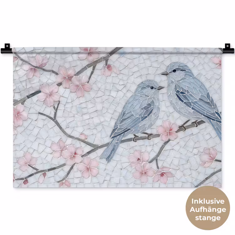 Vogel - Bloemen - Natuur - Mozaïek - Roze Wandkleed katoen klein -t3d_DE