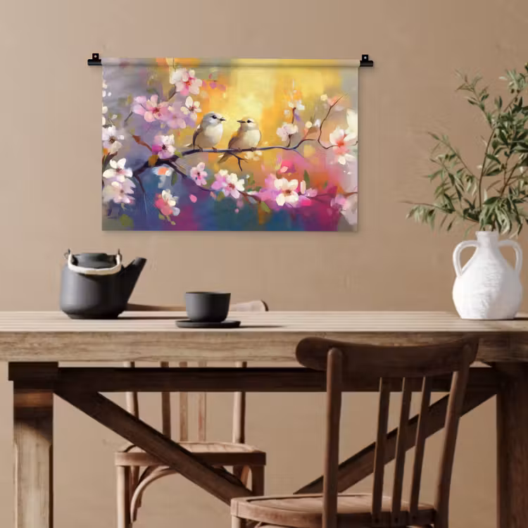 Vogels - Bloemen - Roze Wandkleed katoen klein -sfeer6