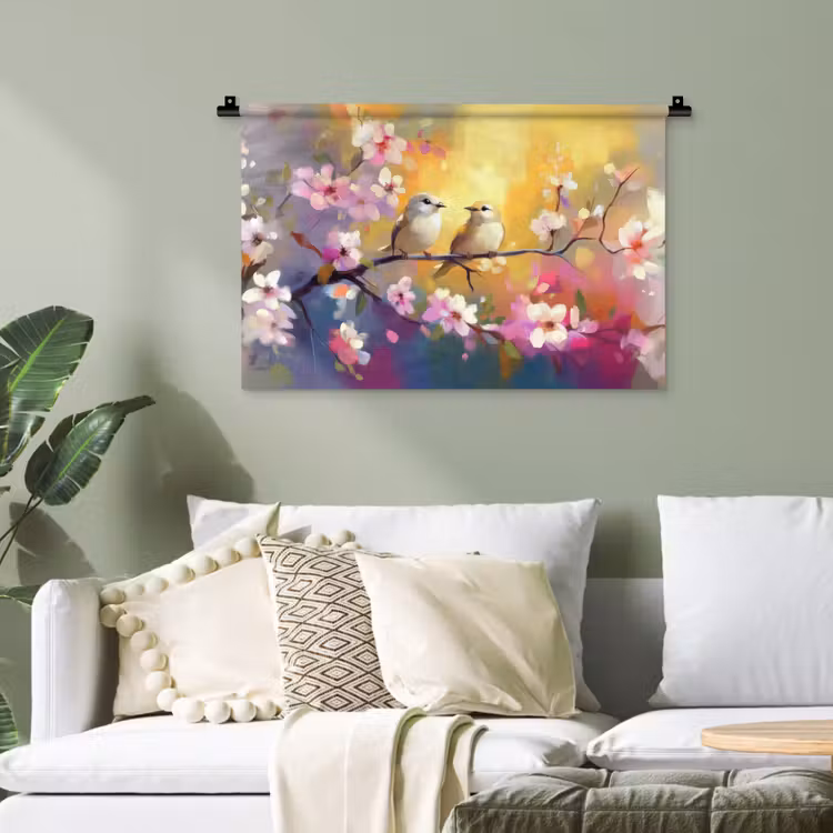 Vogels - Bloemen - Roze Wandkleed katoen klein -sfeer7