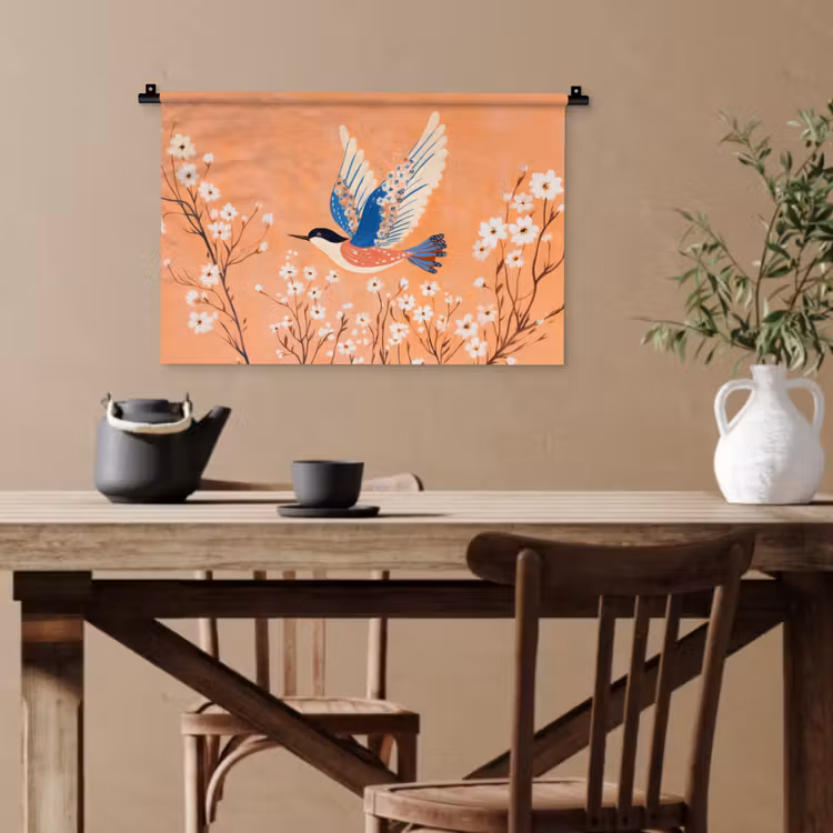 Vogel - Bloesemtakken - Warm - Kleurrijk Wandkleed katoen klein -sfeer6