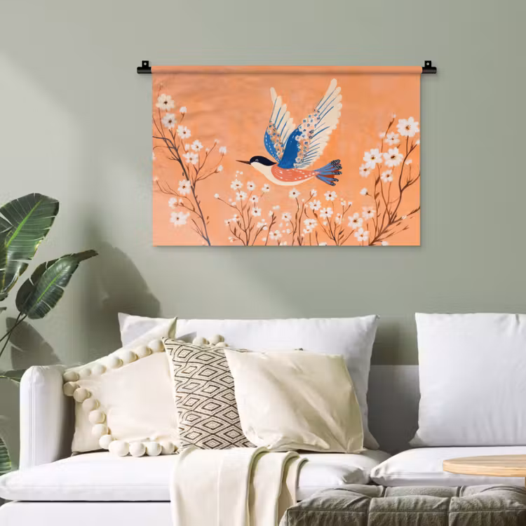 Vogel - Bloesemtakken - Warm - Kleurrijk Wandkleed katoen klein -sfeer7
