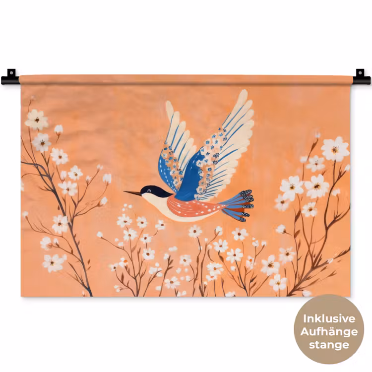Vogel - Bloesemtakken - Warm - Kleurrijk Wandkleed katoen klein -t3d_DE