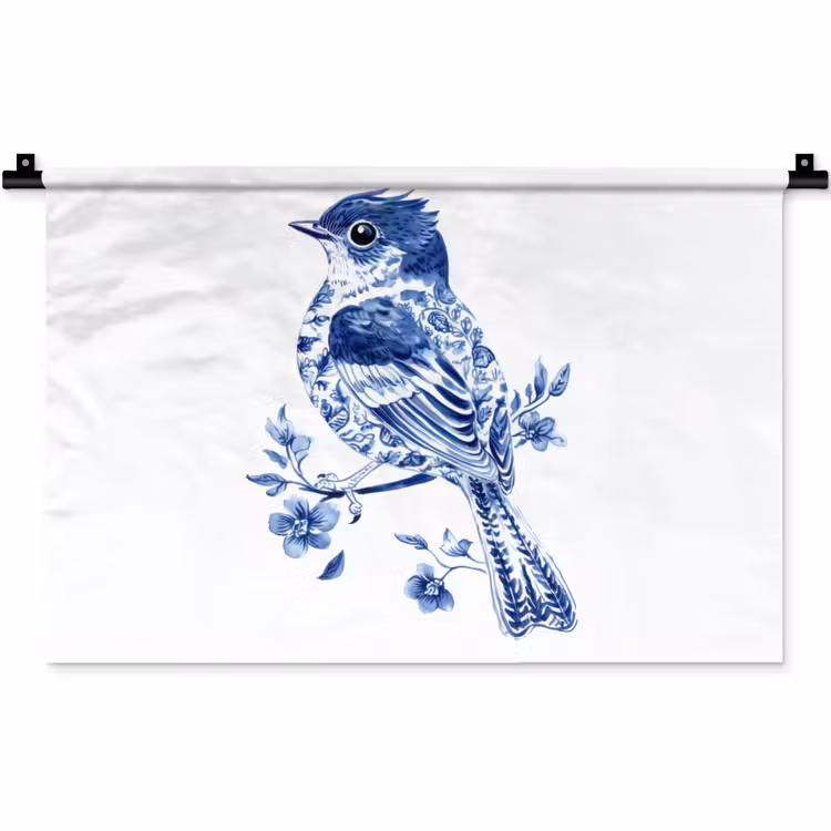 Vogel - Delfts blauw - Illustratie - Bloemen Wandkleed katoen klein -zz3d