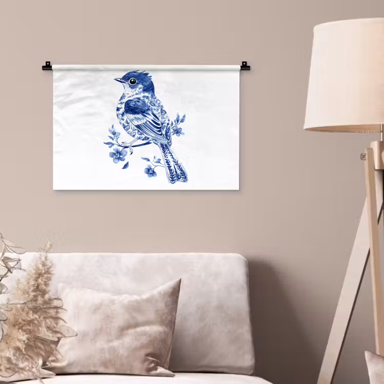 Vogel - Delfts blauw - Illustratie - Bloemen Wandkleed katoen klein -sfeer4