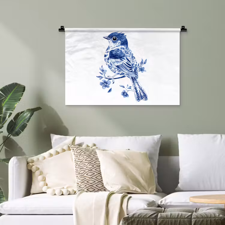 Vogel - Delfts blauw - Illustratie - Bloemen Wandkleed katoen klein -sfeer7