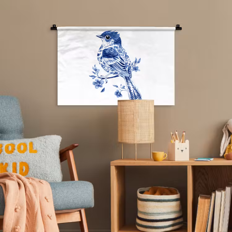 Vogel - Delfts blauw - Illustratie - Bloemen Wandkleed katoen klein -wsfeer4_kind