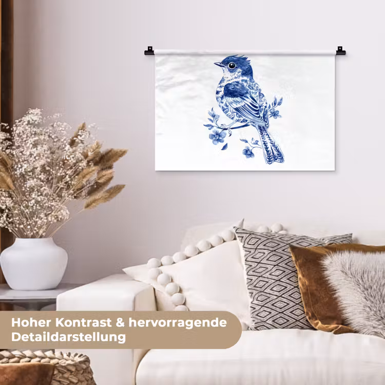 Vogel - Delfts blauw - Illustratie - Bloemen Wandkleed katoen klein -tsfeer1_DE