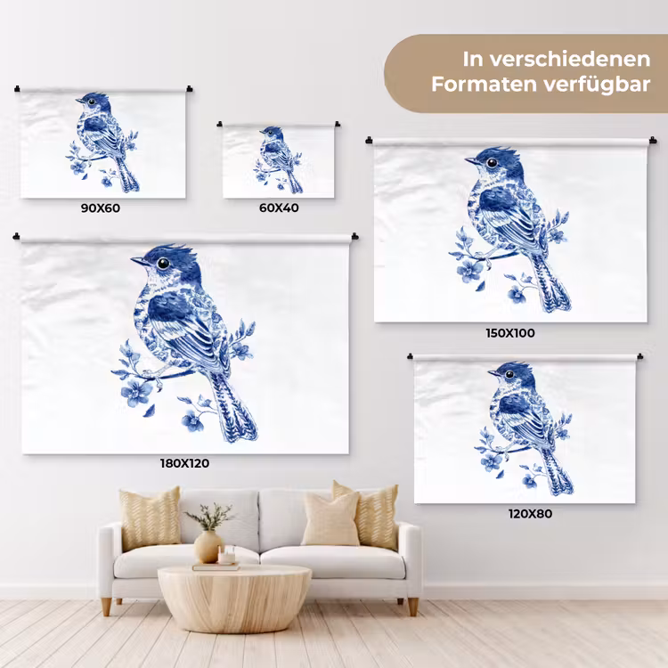 Vogel - Delfts blauw - Illustratie - Bloemen Wandkleed katoen klein -tsfeer8_DE