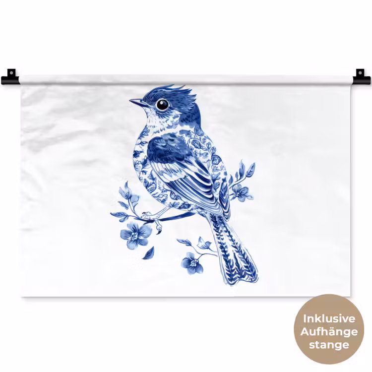Vogel - Delfts blauw - Illustratie - Bloemen Wandkleed katoen klein -t3d_DE