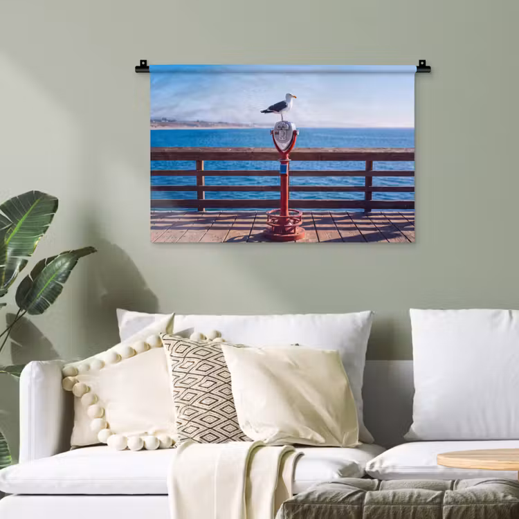 Vogel - Verrekijker - Kust - Zee - Blauw Wandkleed katoen klein -sfeer7