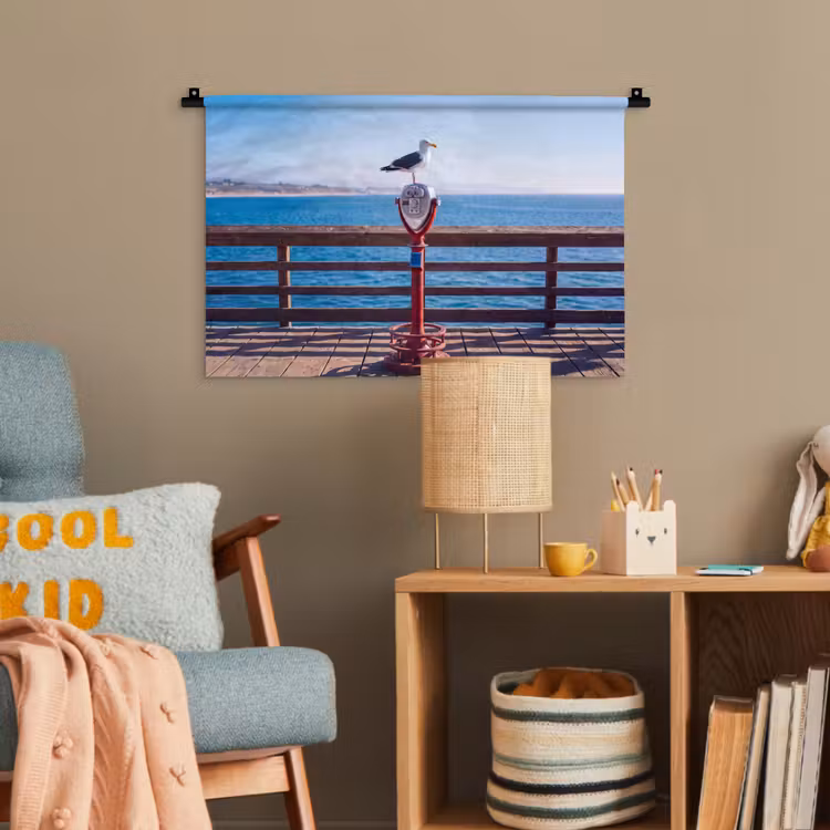 Vogel - Verrekijker - Kust - Zee - Blauw Wandkleed katoen klein -wsfeer4_kind