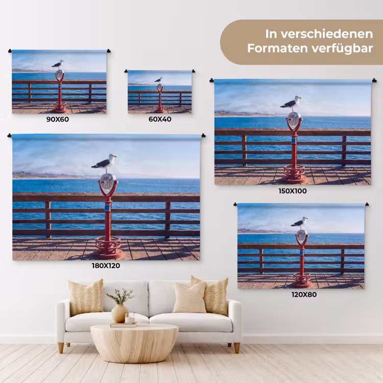 Vogel - Verrekijker - Kust - Zee - Blauw Wandkleed katoen klein -tsfeer8_DE