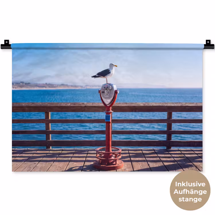 Vogel - Verrekijker - Kust - Zee - Blauw Wandkleed katoen klein -t3d_DE