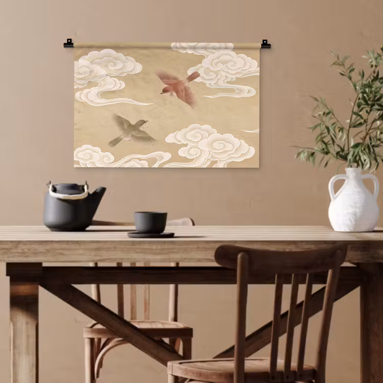 Vogels - Vliegen - Beige Wandkleed katoen klein -sfeer6