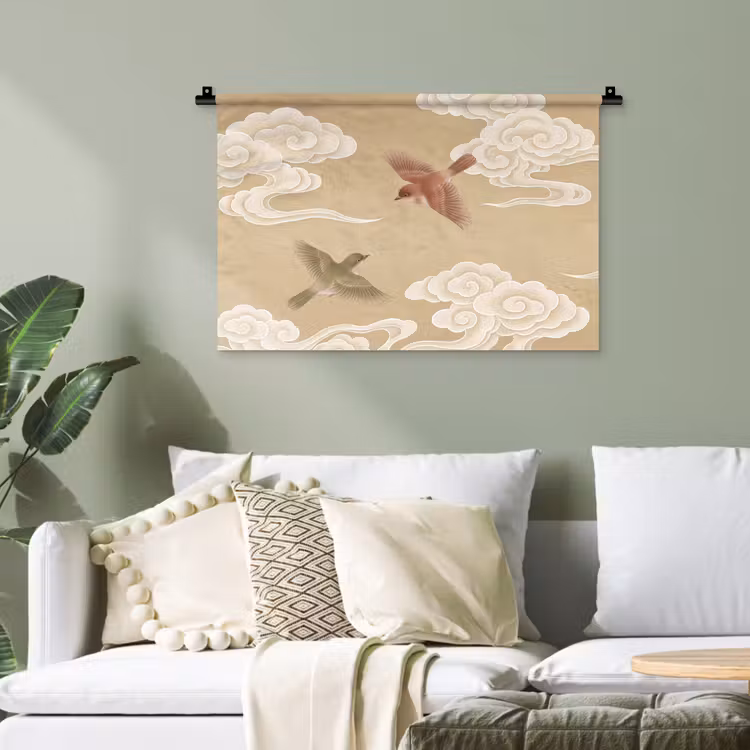 Vogels - Vliegen - Beige Wandkleed katoen klein -sfeer7