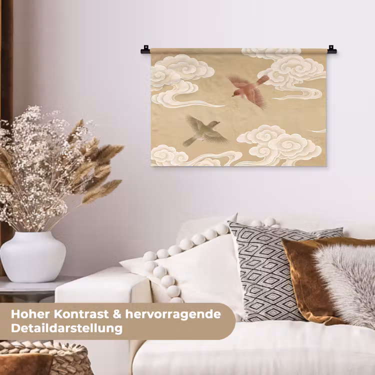 Vogels - Vliegen - Beige Wandkleed katoen klein -tsfeer1_DE