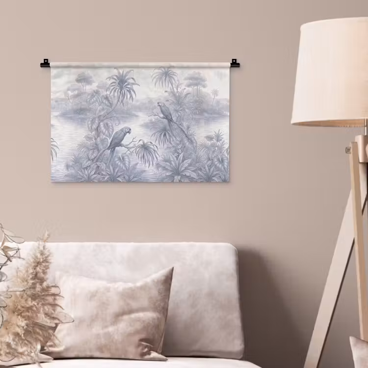 Vogel - Rivier - Tropisch - Illustratie - Blauw Wandkleed katoen klein -sfeer4