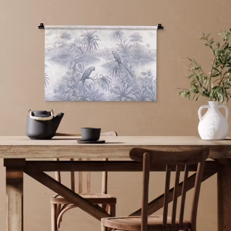 Vogel - Rivier - Tropisch - Illustratie - Blauw Wandkleed katoen klein -sfeer6