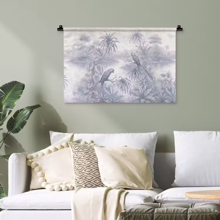 Vogel - Rivier - Tropisch - Illustratie - Blauw Wandkleed katoen klein -sfeer7