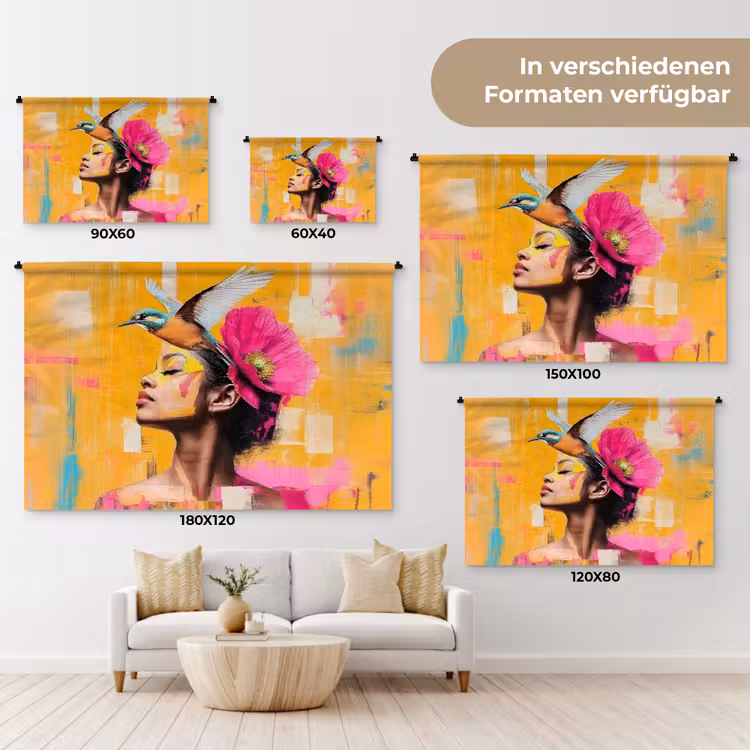 Vogel - Vrouw - Abstract - Bloem Wandkleed katoen klein -tsfeer8_DE