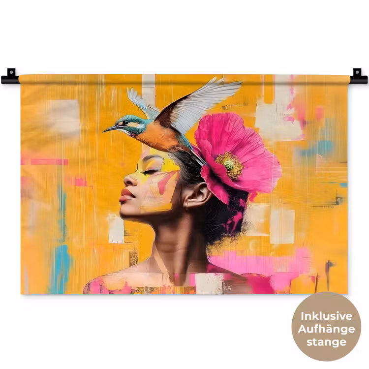 Vogel - Vrouw - Abstract - Bloem Wandkleed katoen klein -t3d_DE