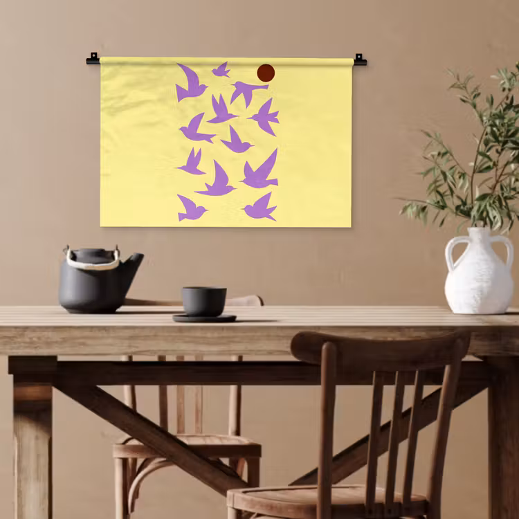 Vogels - Cirkel - Geel - Beweging Wandkleed katoen klein -sfeer6