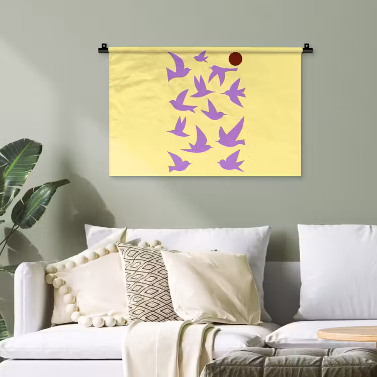 Vogels - Cirkel - Geel - Beweging Wandkleed katoen klein -sfeer7