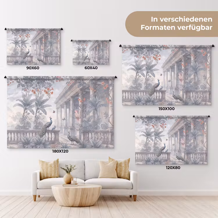 Vogel - Pauw - Architectuur - Klassiek - Groen Wandkleed katoen klein -tsfeer8_DE