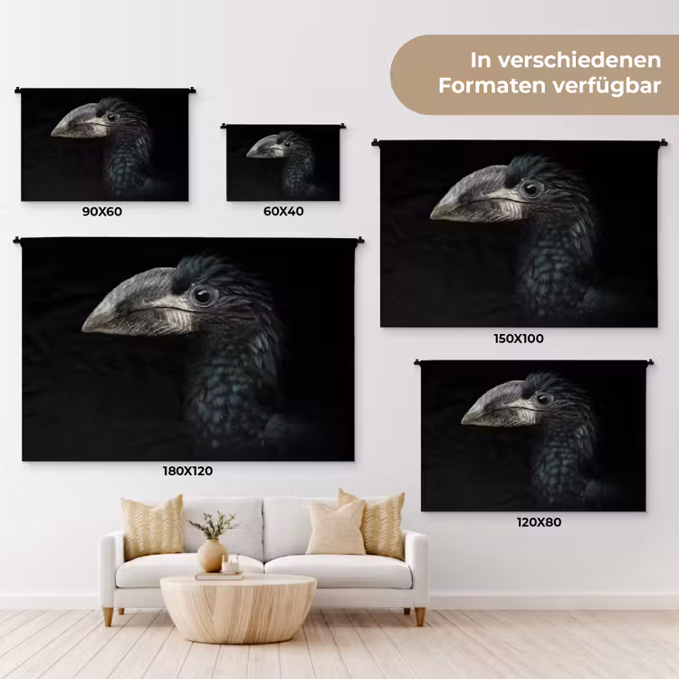 Vogel - Portret - Neushoornvogel - Zwart - Dieren Wandkleed katoen klein -tsfeer8_DE