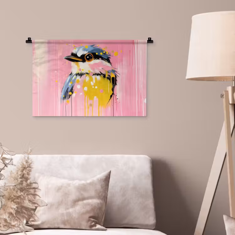 Vogel - Roze - Geel - Blauw Wandkleed katoen klein -sfeer4