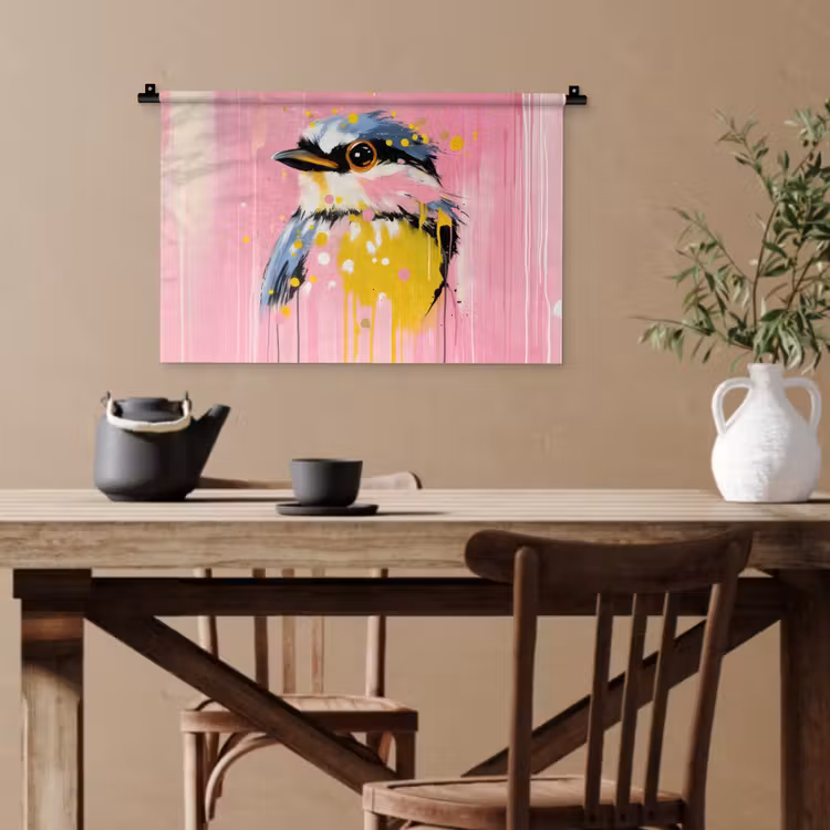 Vogel - Roze - Geel - Blauw Wandkleed katoen klein -sfeer6