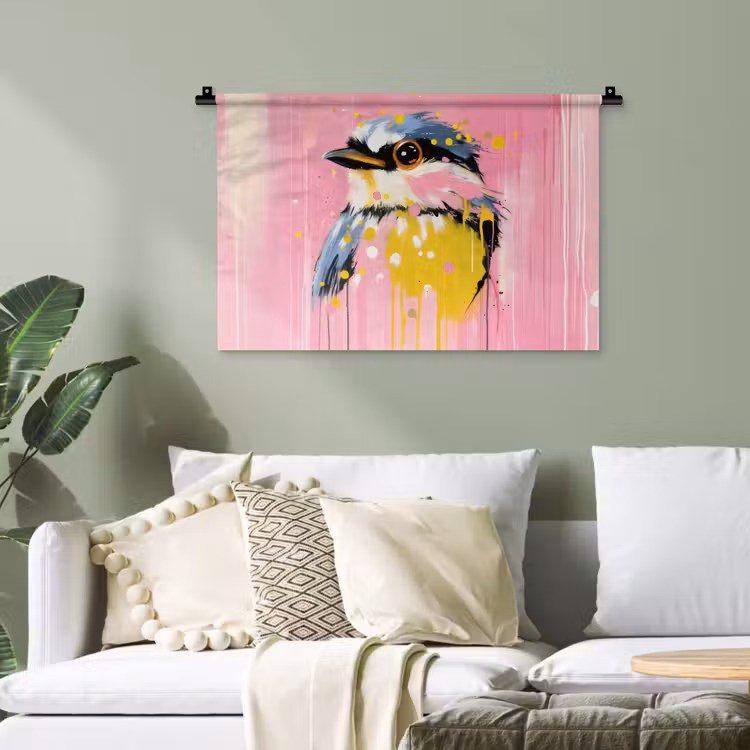 Vogel - Roze - Geel - Blauw Wandkleed katoen klein -sfeer7