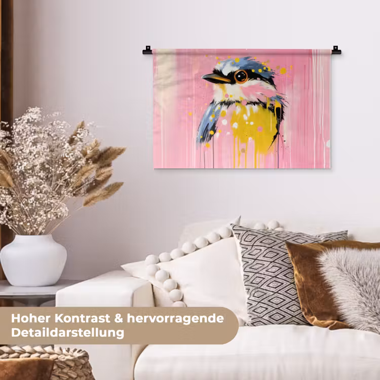 Vogel - Roze - Geel - Blauw Wandkleed katoen klein -tsfeer1_DE