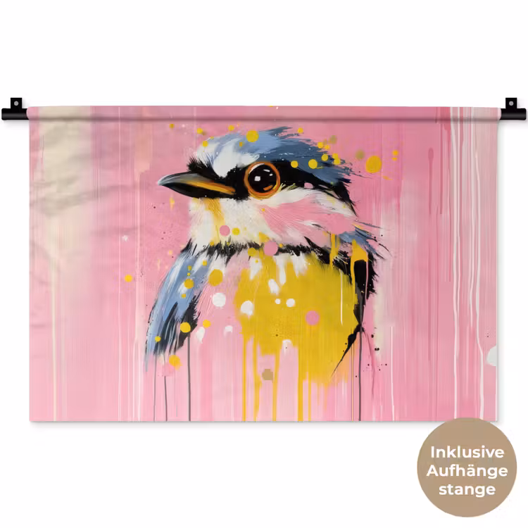 Vogel - Roze - Geel - Blauw Wandkleed katoen klein -t3d_DE
