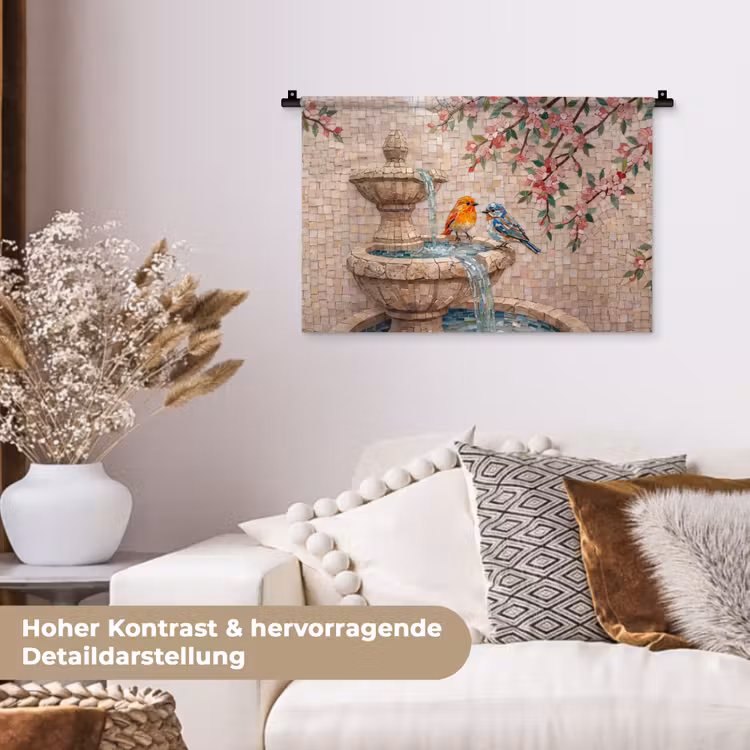 Vogel - fontein - mozaiek - kleurrijk - dieren Wandkleed katoen klein -tsfeer1_DE