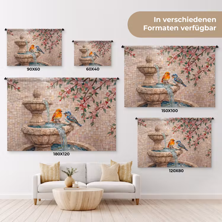 Vogel - fontein - mozaiek - kleurrijk - dieren Wandkleed katoen klein -tsfeer8_DE