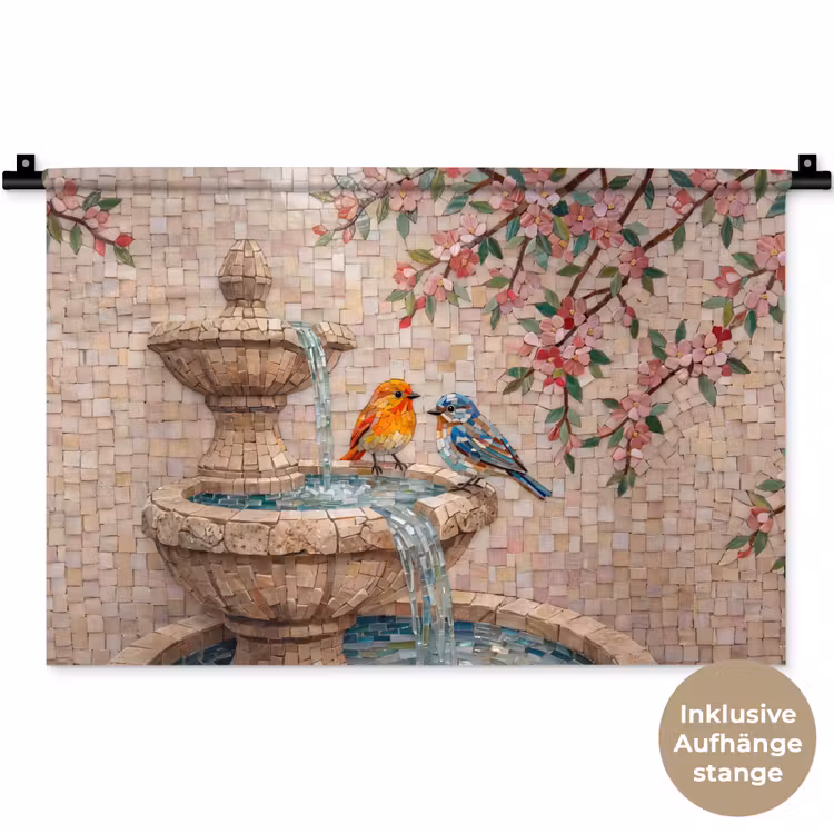 Vogel - fontein - mozaiek - kleurrijk - dieren Wandkleed katoen klein -t3d_DE