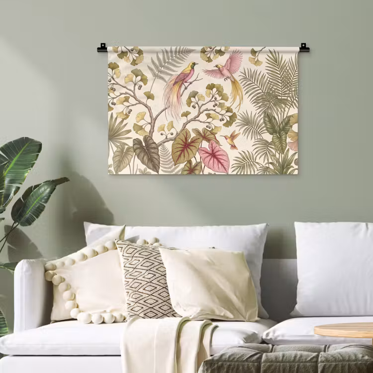 Vogels - Tropisch - Botanisch - Roze Wandkleed katoen klein -sfeer7