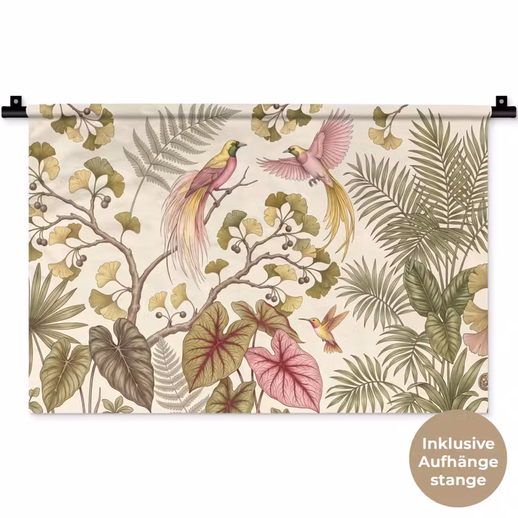 Vogels - Tropisch - Botanisch - Roze Wandkleed katoen klein -t3d_DE