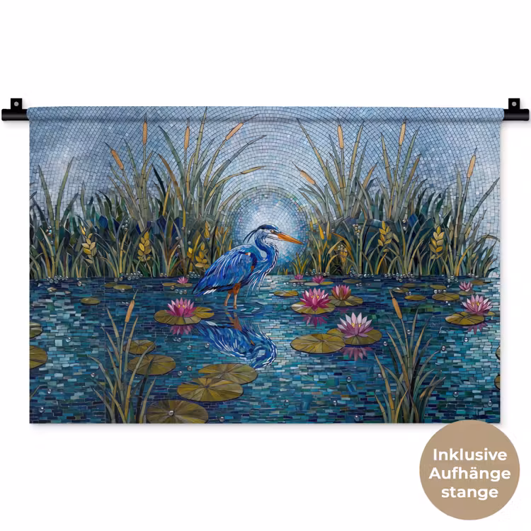 Vogel - Water - Natuur - Abstract - Blauw Wandkleed katoen klein -t3d_DE