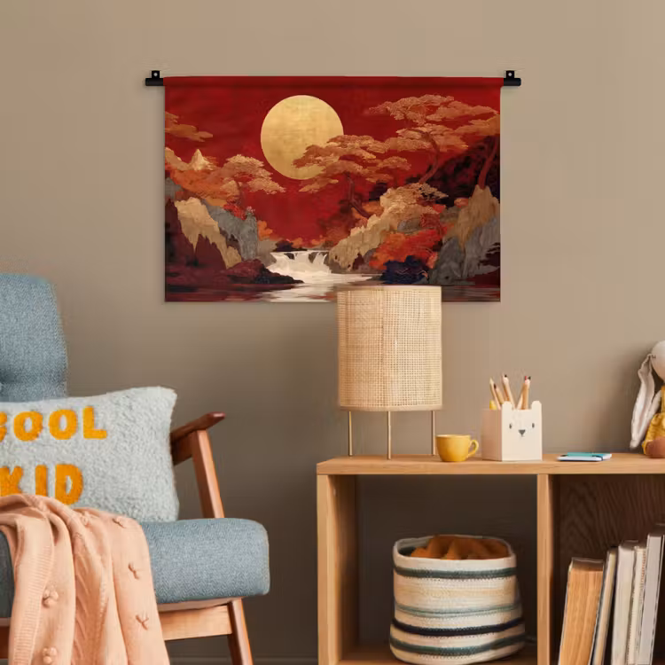 Volle maan - Landschap - Waterval Wandkleed katoen klein -wsfeer4_kind