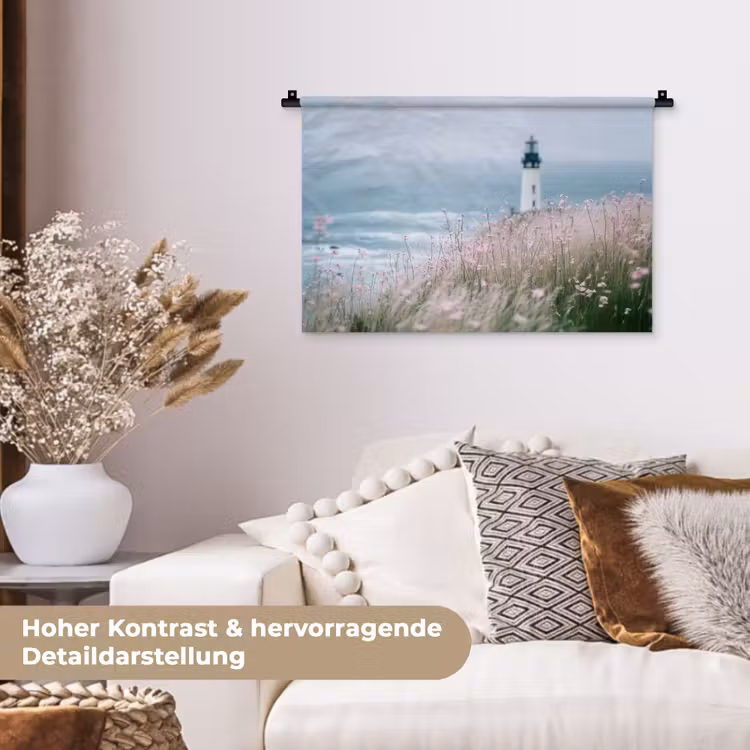 Vuurtoren - Klif - Zee - Bloemen Wandkleed katoen klein -tsfeer1_DE