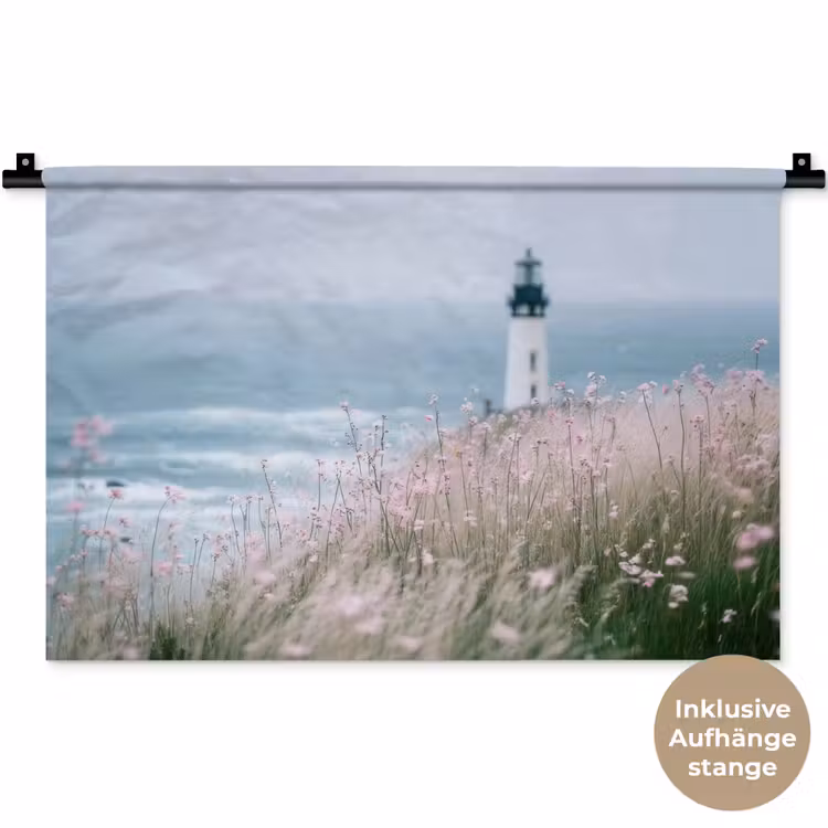 Vuurtoren - Klif - Zee - Bloemen Wandkleed katoen klein -t3d_DE
